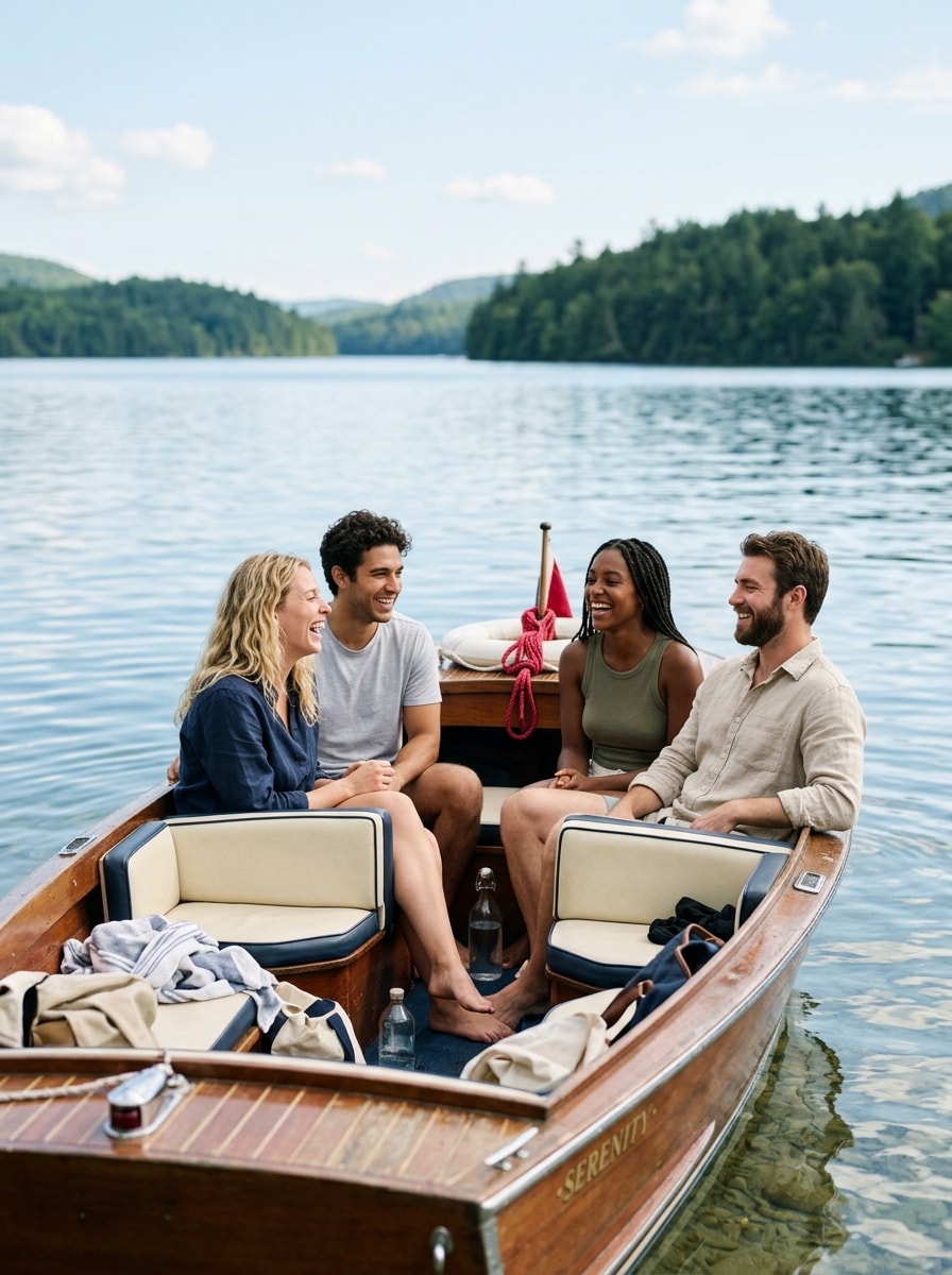 A summer on the water: friends laughing together on a wooden boat on a lake