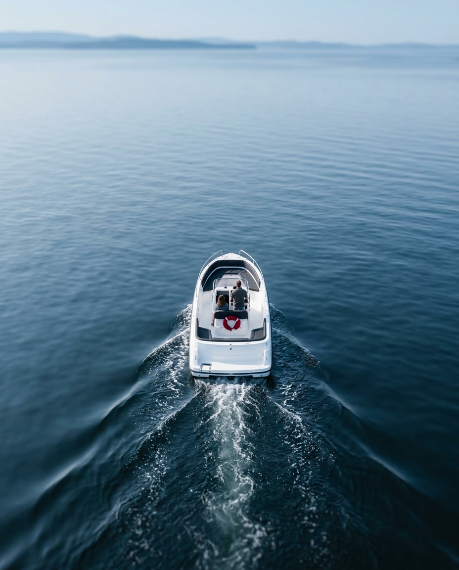 Boat insurance: aerial view of two people in a white motorboat leaving a wake on calm open water
