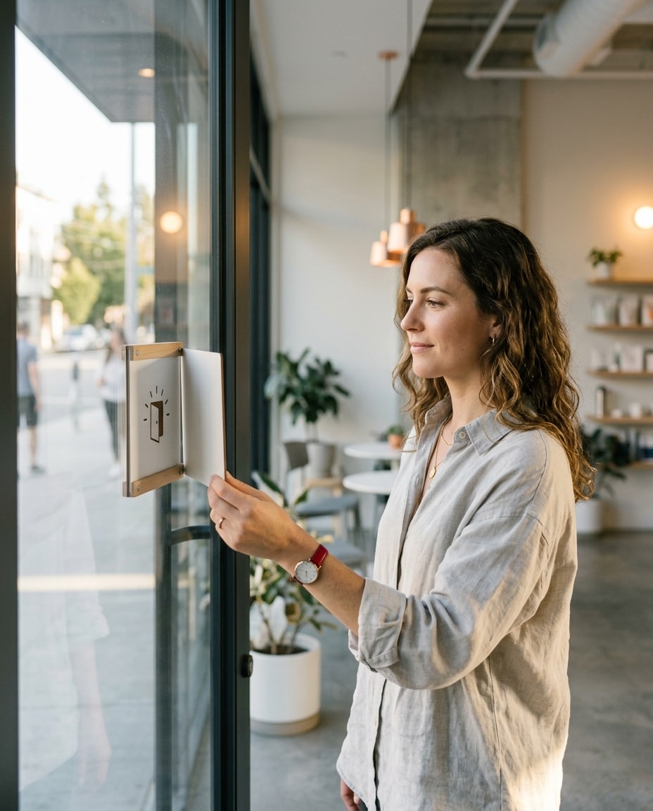 Business insurance: a small business owner turning the sign on her shop's glass door