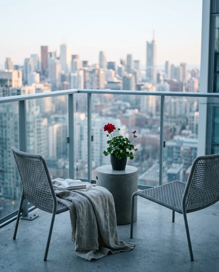Condo insurance: a high-rise condo balcony with two chairs and a red geranium above a city skyline