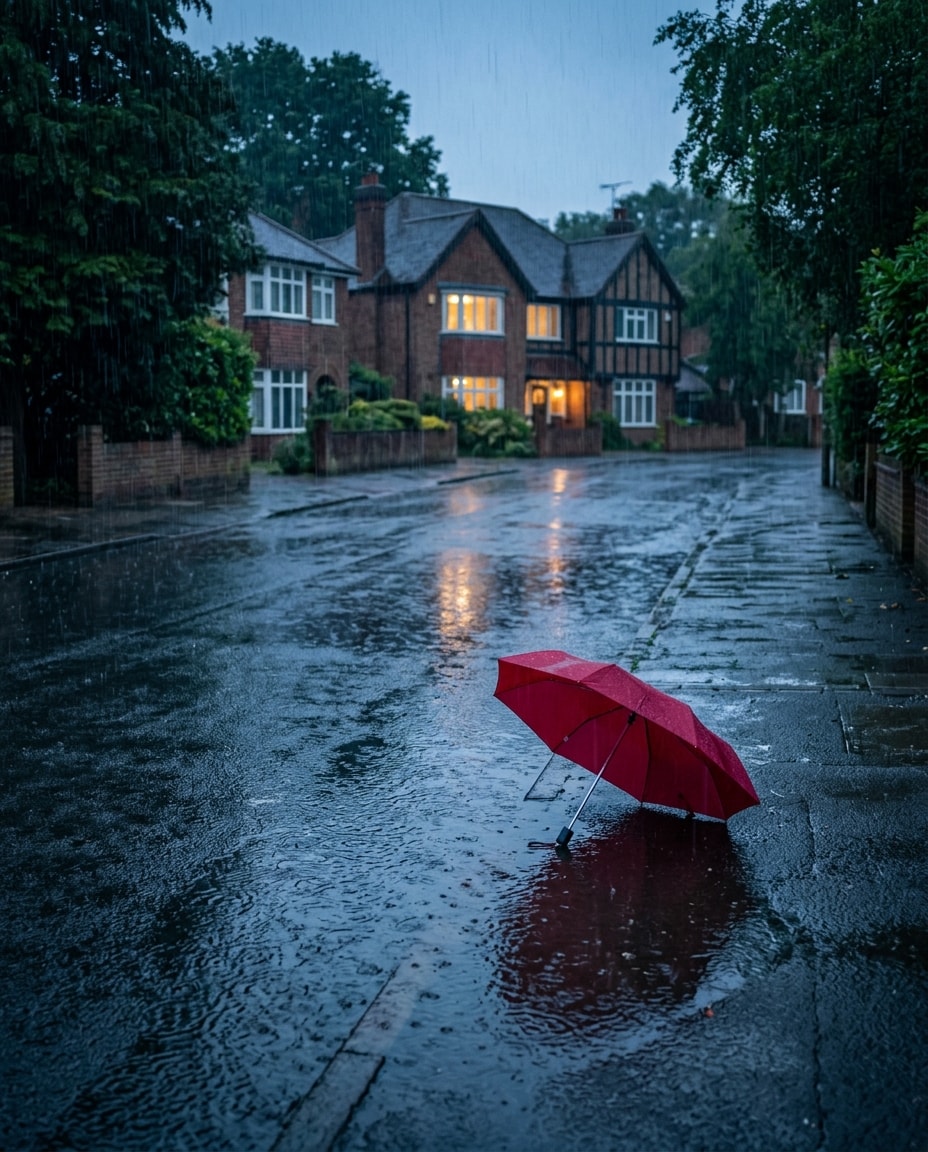 Flood insurance: heavy rain pooling on a residential street, with an open red umbrella in the water