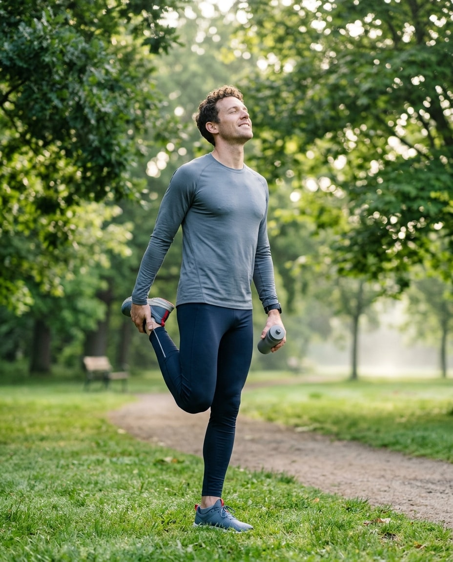 Health insurance: a man stretching after a run on a park path, holding a water bottle