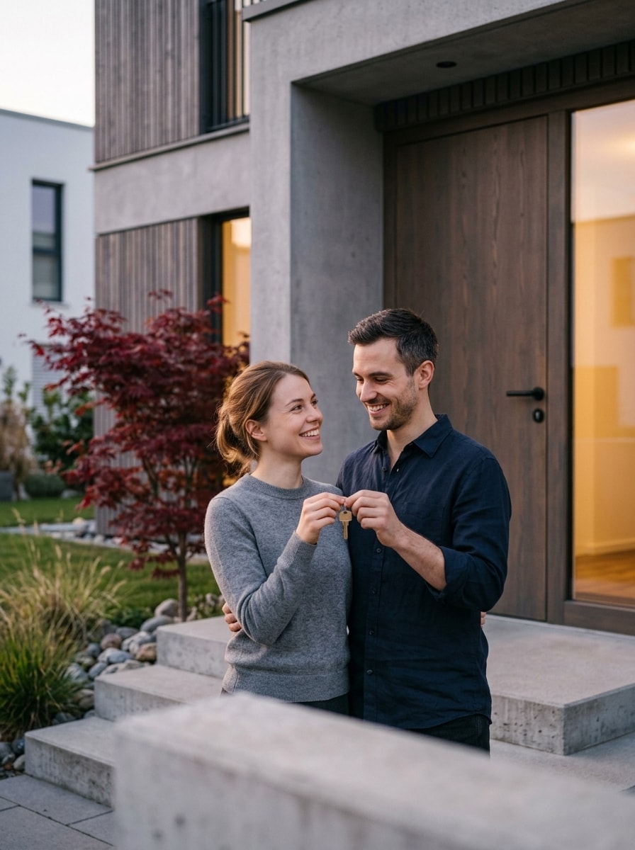 Buying a home: a couple holding up a house key outside their new home