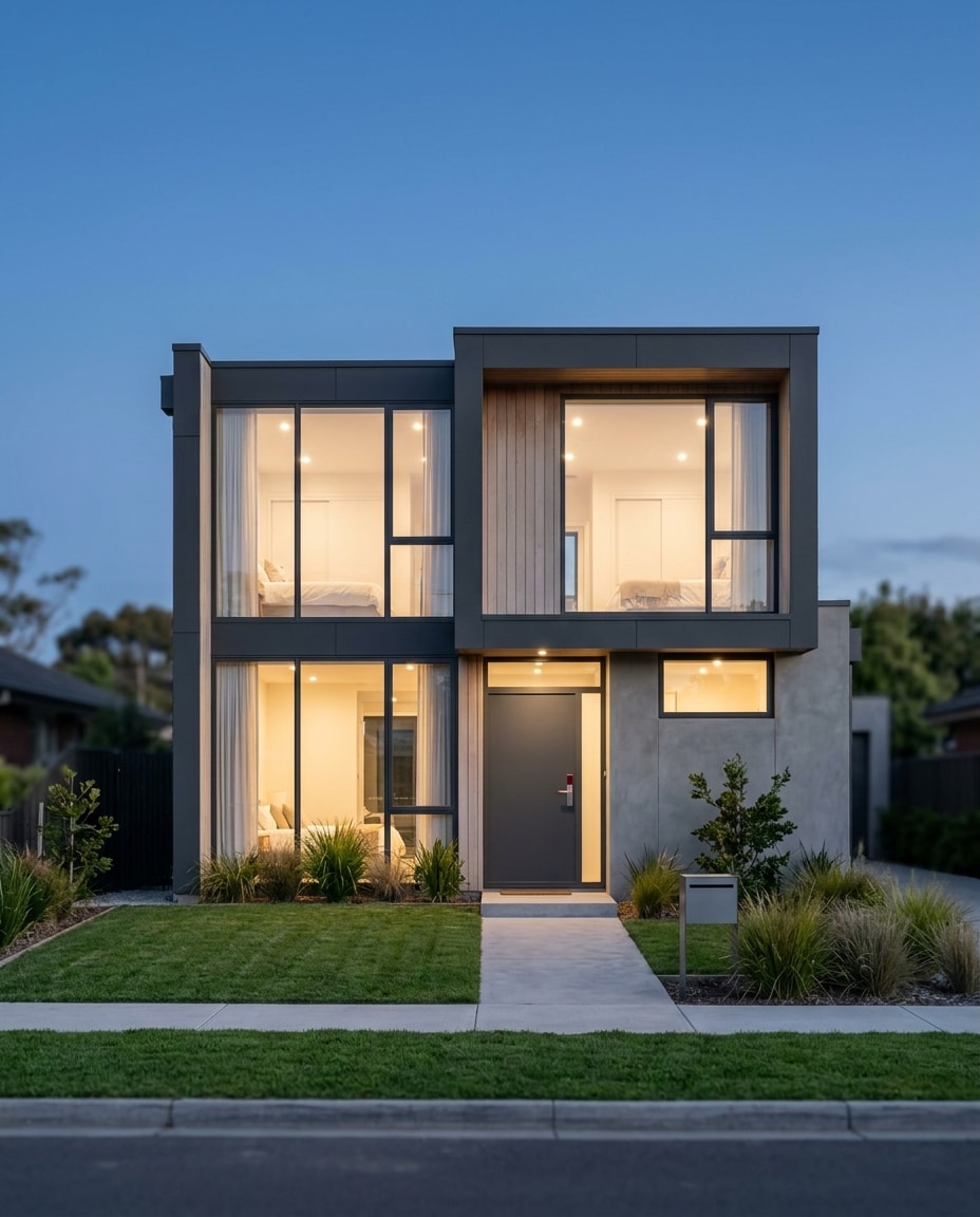 Homeowners insurance: a modern two-story home at dusk with lit windows and a front lawn