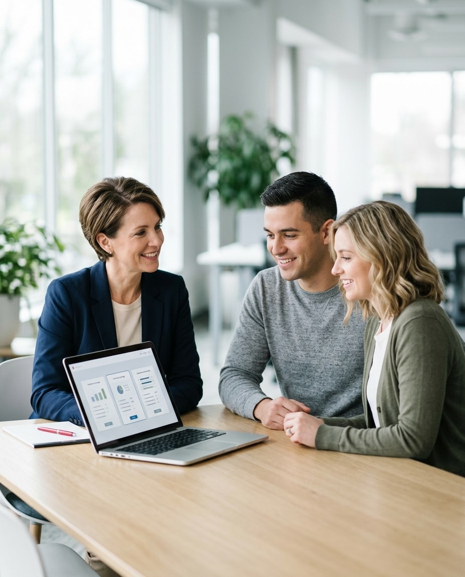 An independent insurance agent reviewing coverage options on a laptop with a smiling couple at an office table