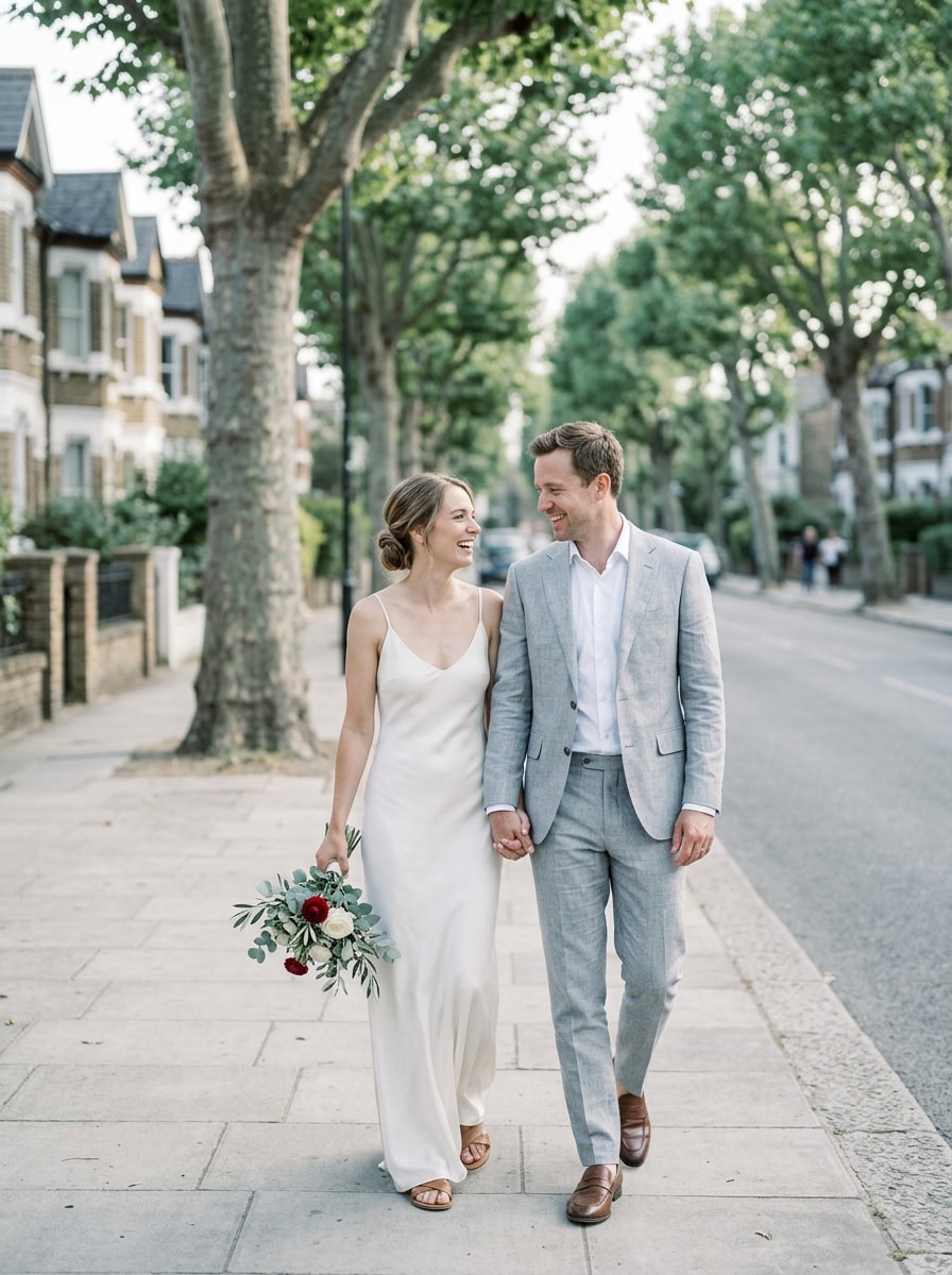 Getting married: a newlywed couple walking hand in hand down a tree-lined street