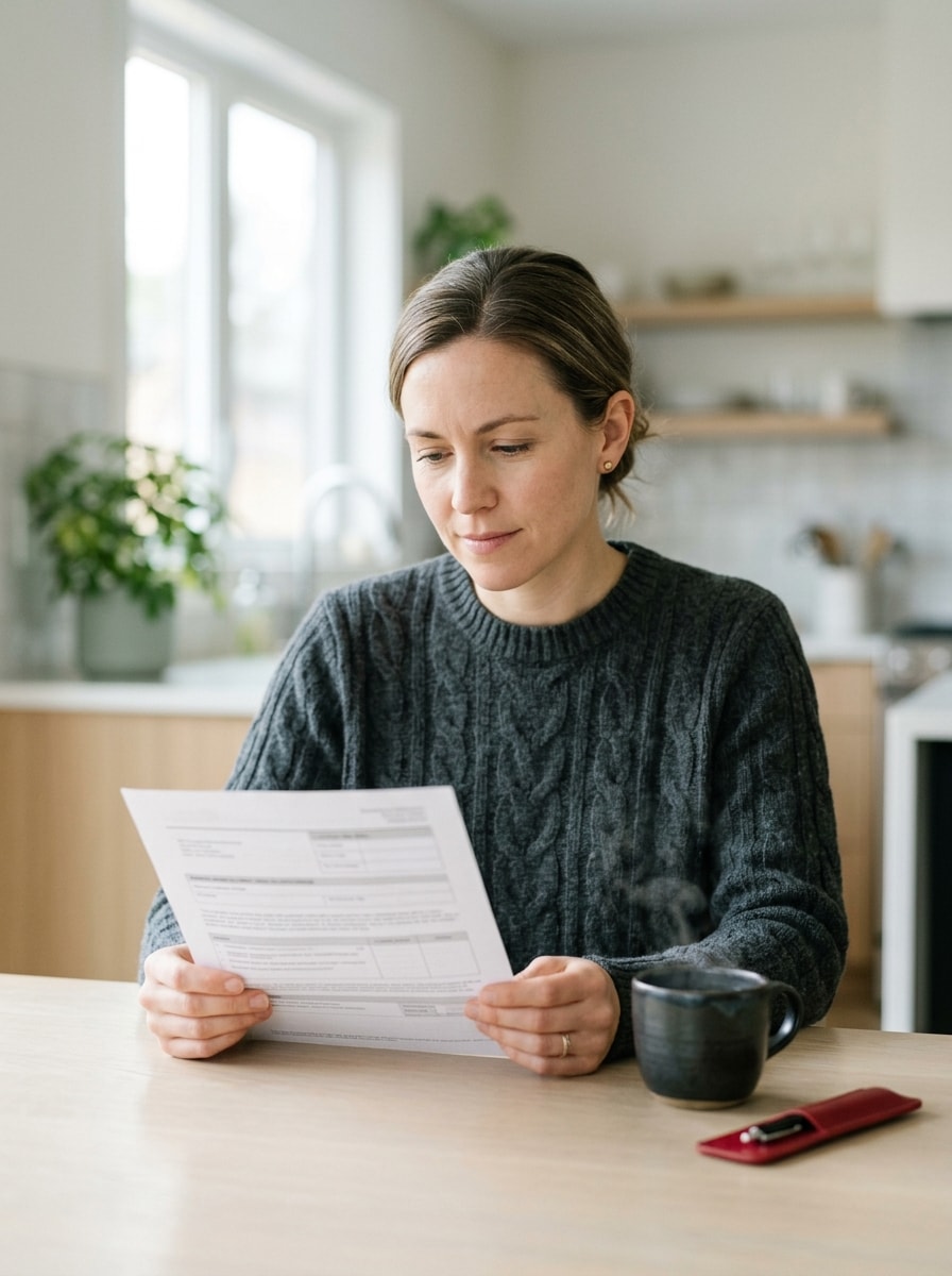 Insurance renewal: a woman reading a renewal letter at her kitchen table with a cup of coffee