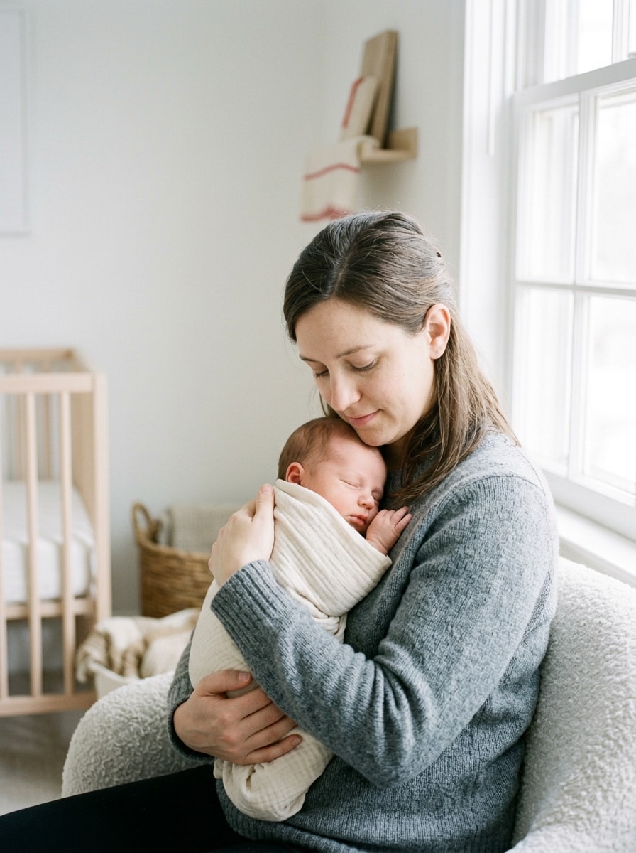 Welcoming a baby: a mother holding her sleeping newborn by a nursery window