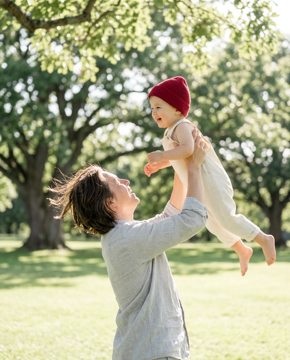 Life insurance: a parent lifting a laughing toddler in a red knit hat in a sunny park
