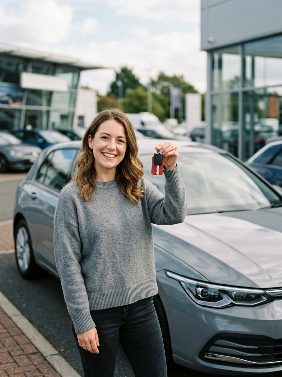 Buying a car: a smiling woman holding up the key to her new hatchback at a dealership