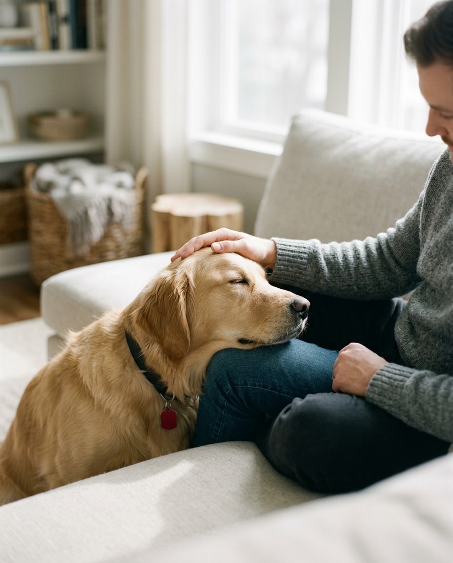Pet insurance: a golden retriever resting its head on its owner's knee on a sofa at home