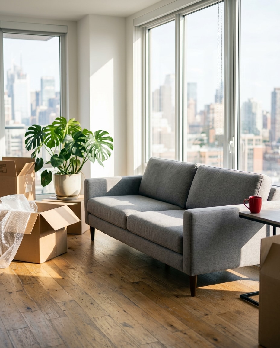 Renters insurance: an apartment living room with a gray sofa, a plant and moving boxes by city-view windows