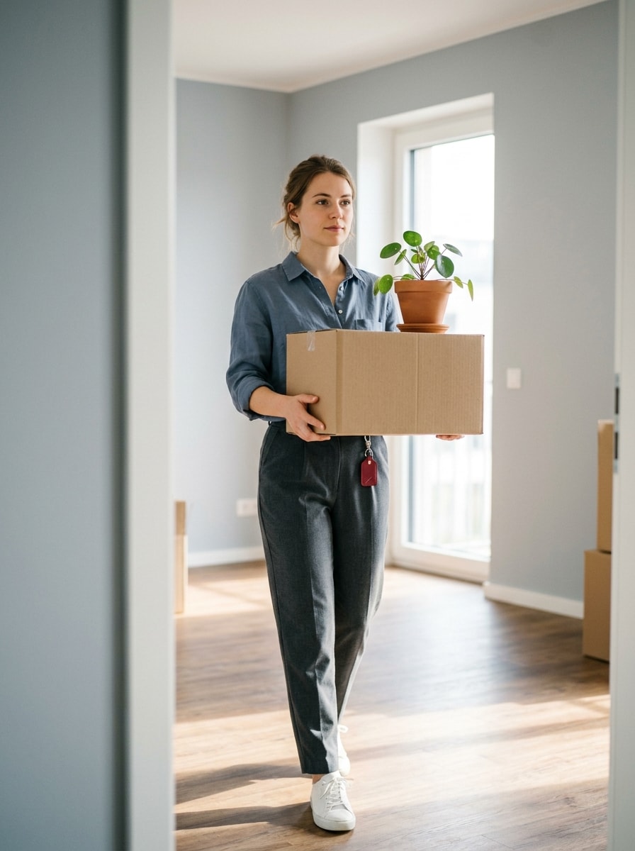 Moving into a rental: a young woman carrying a moving box and a potted plant into an empty apartment