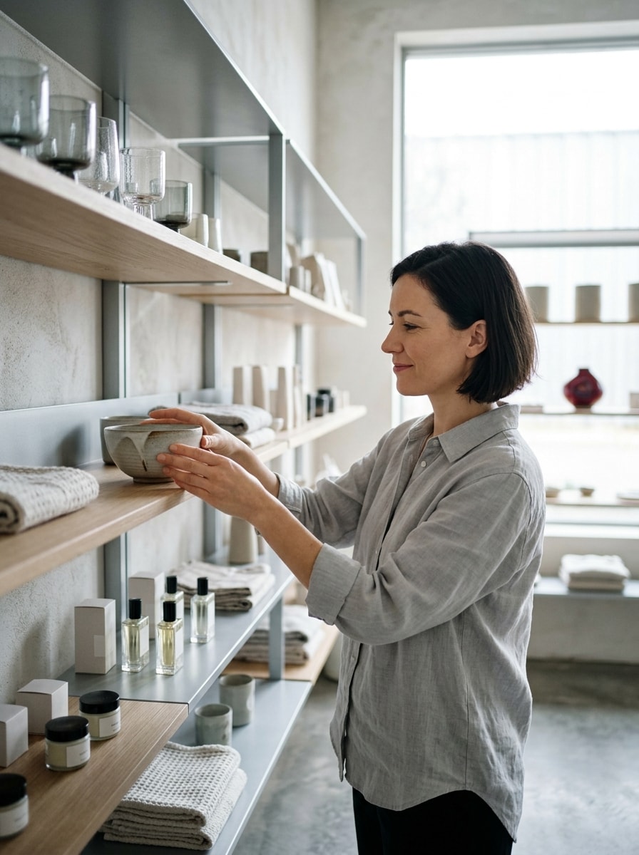 Starting a business: a shop owner arranging ceramics on the shelves of her store