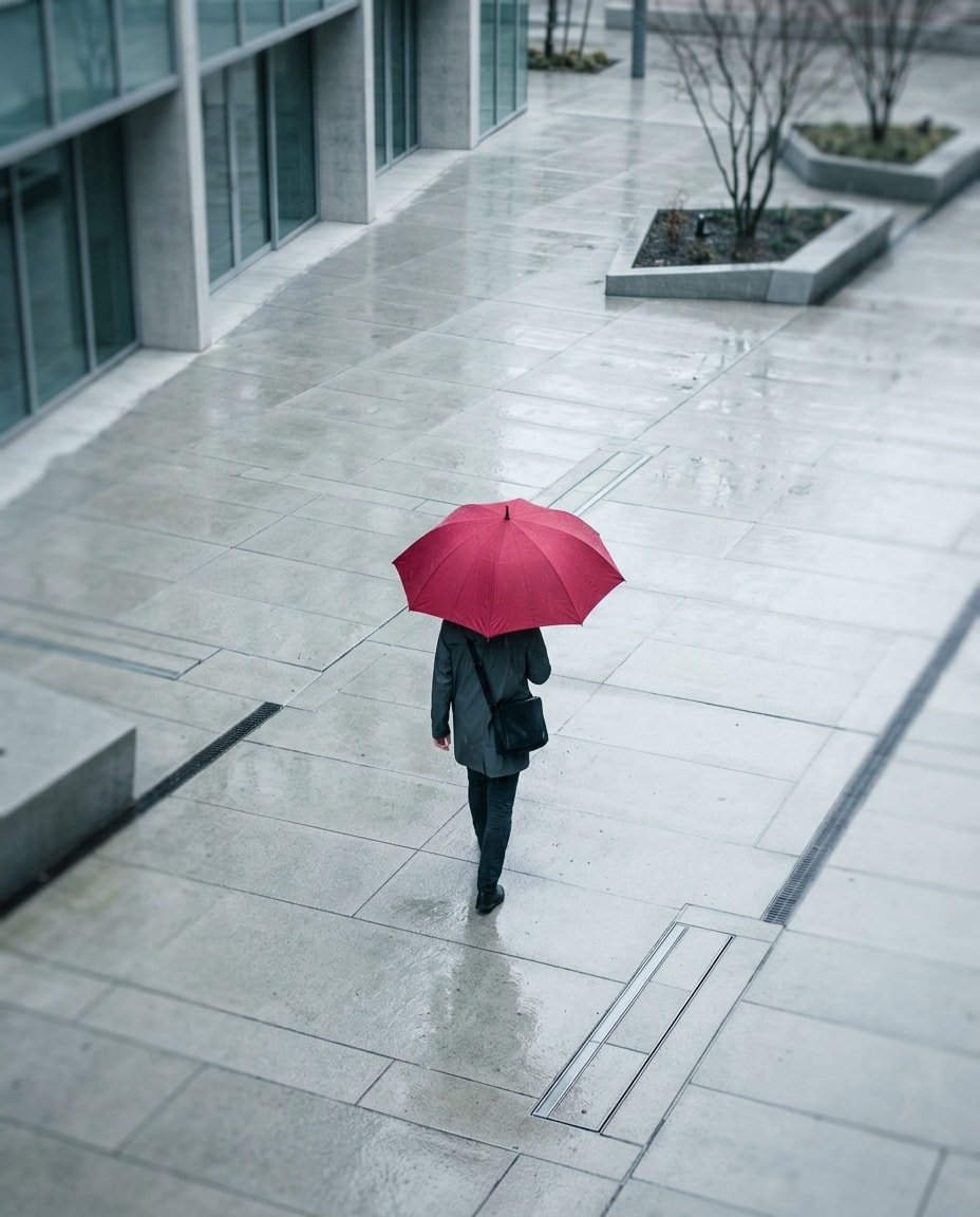 Umbrella insurance: a person walking across a rain-soaked plaza under a red umbrella, seen from above
