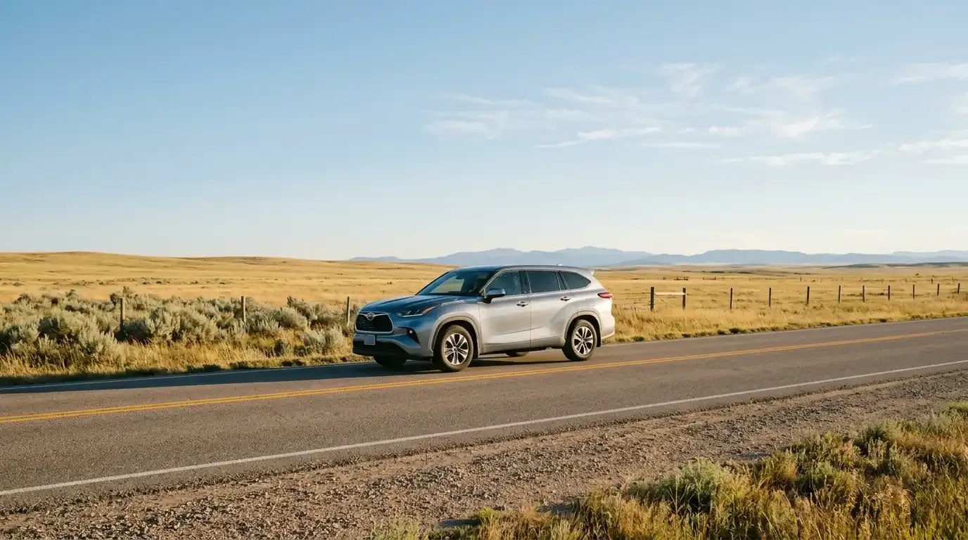 Car driving on an open Wyoming highway with mountains in the distance
