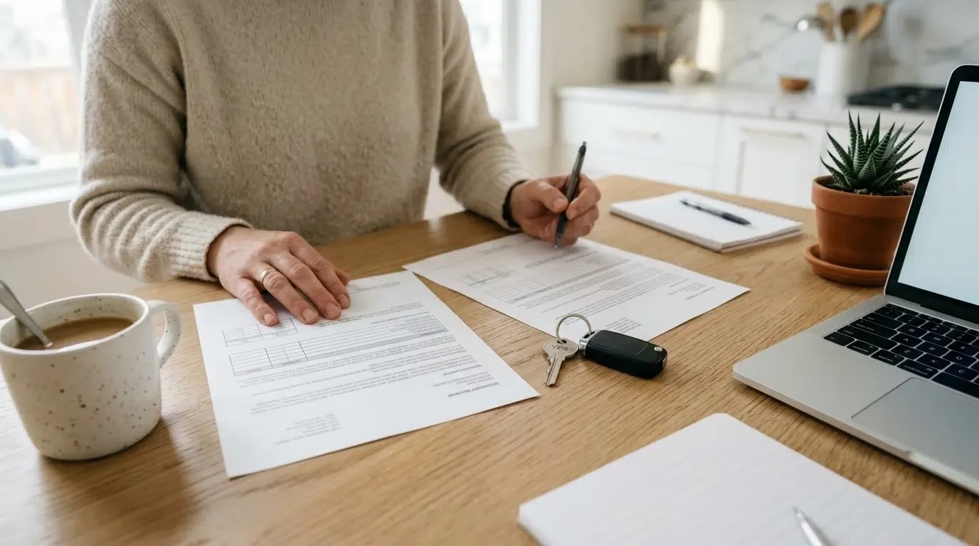 Homeowner comparing two insurance quotes at a kitchen table with a house key and car key nearby