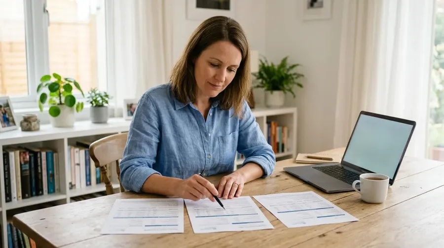 Person comparing several printed insurance quotes side by side at a table with a laptop