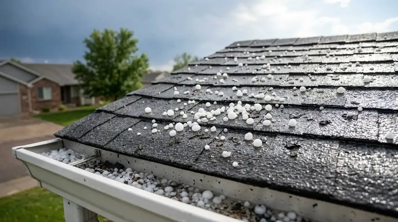 Hailstones scattered across an asphalt shingle roof and gutter after a summer hailstorm